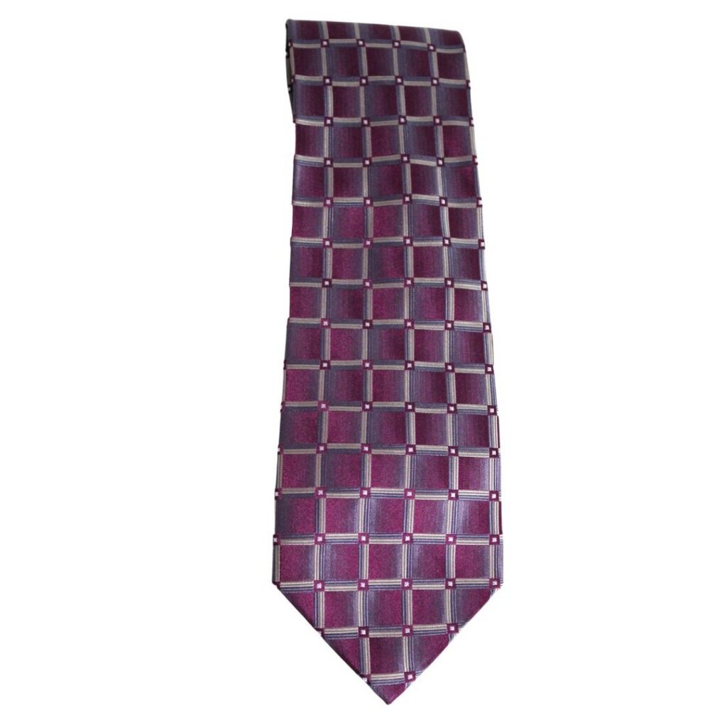 100% Silk Tie - Garnet, Burgundy, Charcoal Grey & Beige Squares